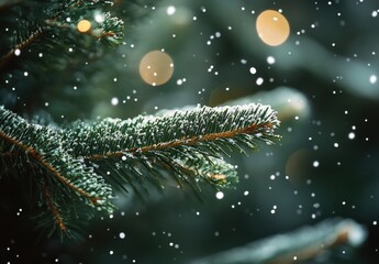 Close-Up View of Snow-Covered Pine Branches with Soft Bokeh Lights in Winter Background, Capturing the Beauty of Nature During the Holiday Season