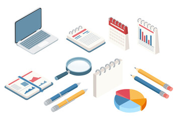 Collection of isometric business office items. Charts, pencils, calendar and notepads. Vector illustration isolated on white background