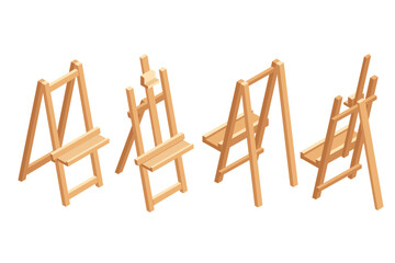 Set of isometric wooden easel stand. Empty easel without artboard. Tripod for artist drawing. Vector illustration isolated on white background