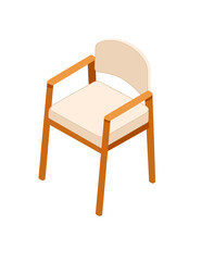 Wooden isometric chair with beige pillow. White wood. Modern furniture for office or home. Vector illustration isolated on white background