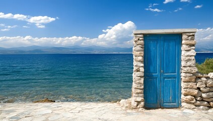 Old turquoise wooden door in stone wall with sea and mountains in background