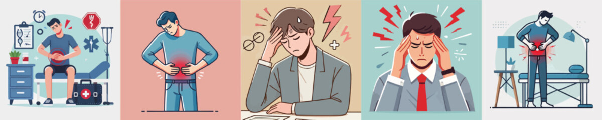 Vector collection of characters having stomach and headaches