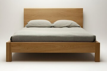 Obraz premium Minimalist wooden bed design featuring soft pillows and sleek li