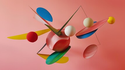 An abstract arrangement of colorful shapes, including ellipsoids and spheres, suspended in mid-air against a solid pink backdrop