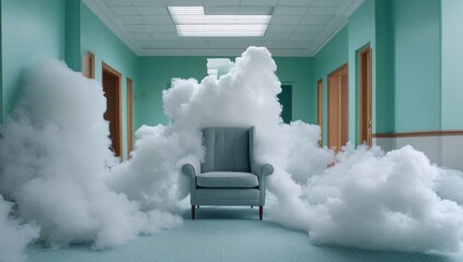 Armchair surrounded by smoke in an empty room