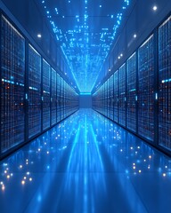Data center server room with blue lighting and digital data stream.