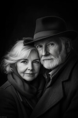 Black and white portrait of an elderly couple. He is wearing a hat, and she has short blonde hair. Everlasting love concept.