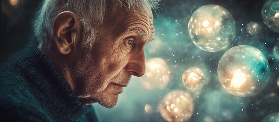 Elderly man experiencing moments of reflection with glowing orbs representing memories against a dreamy background suitable for text placement