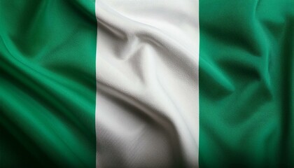 Obraz premium Nigeria national flag waving in the sky behind the tree. The flag blow in beautiful sunlight. Nigeria national flag for independence day.