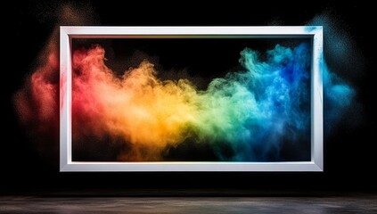 Colorful powder in the shape of an empty white photo frame on black background