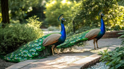 Obraz premium Two peacocks with vibrant plumage stroll along a garden path.