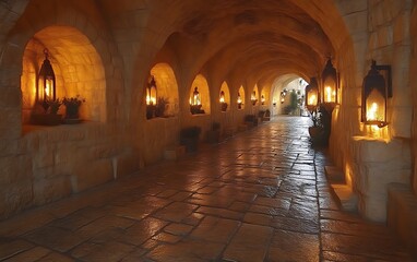 Fototapeta premium Lit stone passageway with arched alcoves.