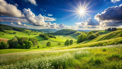 Fototapeta premium Serene Summer Landscape: Rolling Hills, Fluffy Clouds, Medium Shot