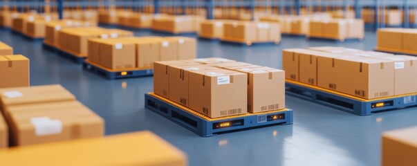 An organized warehouse with stacked cardboard boxes on pallets.