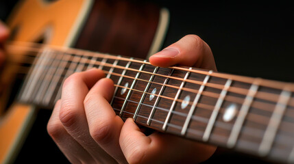 Close up of fingers strumming strings of acoustic guitar with focus on frets