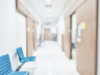 Blur abstract background of corridor in clean hospital. Blurred view of aisle in office with light floor. Blurry lobby and waiting area in hotel. 