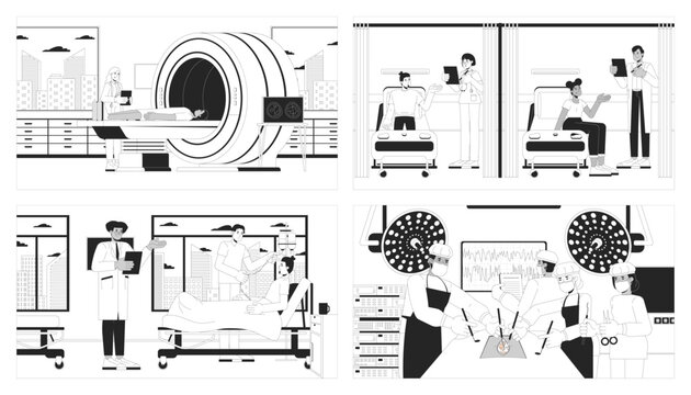 Hospital medical treatment black and white line illustrations set. Diverse doctors 2D characters monochrome backgrounds. MRI scanner, emergency room, surgery outline scenes vector images collection