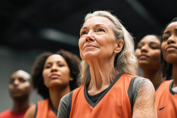 Elderly caucasian female basketball player leading diverse young team