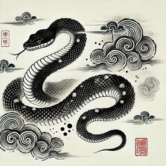 Fototapeta premium Chinese Zodiac Snake Sign - Year of the Snake - Cycle of Animals and Chinese Calendar - Asian Zodiac and Astrology - New Year Animal - Water, Earth, Wood, Metal and Fire - Ink Painting