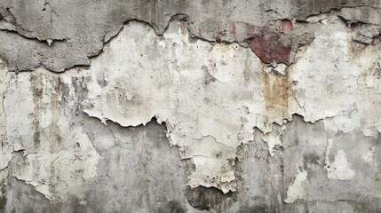 Fototapeta premium Weathered concrete wall texture with peeling paint, showing cracks and discoloration.