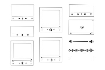 Video player display frame, line doodle bar with buttons, progress line, sound. Hand drawn border, media window. Panel icon,