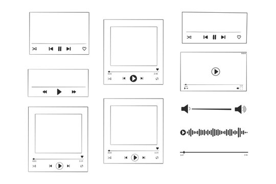 Video player display frame, line doodle bar with buttons, progress line, sound. Hand drawn border, media window. Panel icon,