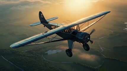 Fototapeta premium Vintage Airplane Flight over Scenic Landscape at Sunset