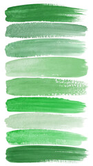 Green watercolor swatches, various shades, artistic brush strokes, vibrant color palette, ideal for design projects.