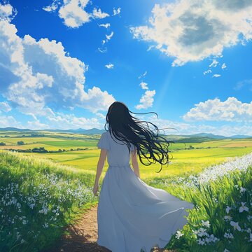 Anime girl back shot in a white dress and daisies on the green savanna.

