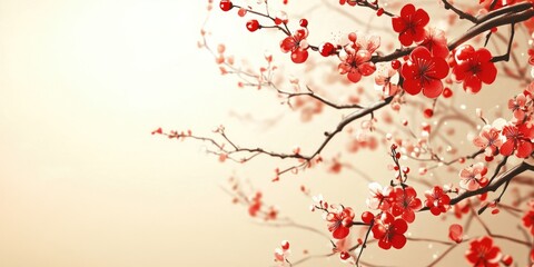 Naklejka premium Elegant Asian floral background featuring vibrant red blossoms and blank space ideal for personalized text or branding messages