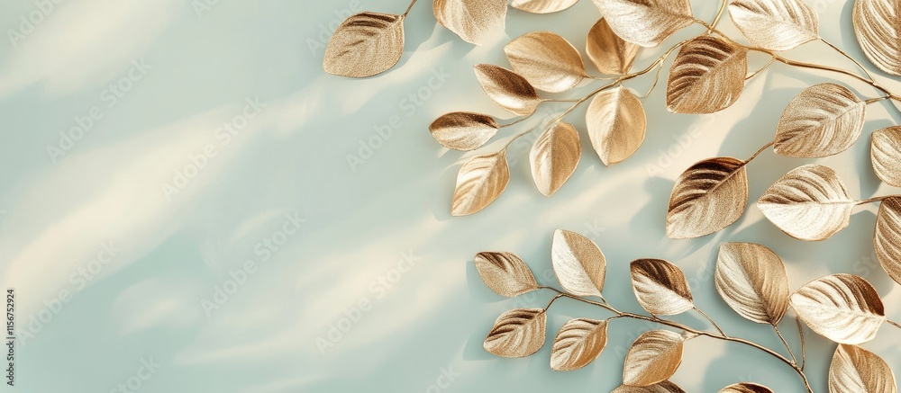 Poster gold foil abstract leaves on a pale sage background creating a minimalistic botanical design with ar