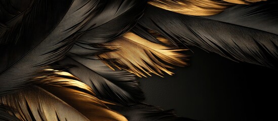 Fototapeta premium Elegant gold and black feather texture background with ample blank space for creative text and design elements