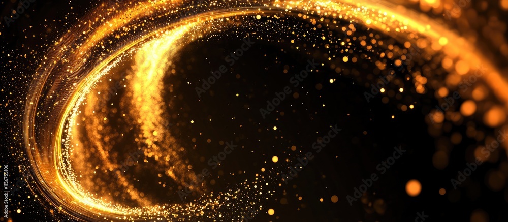 Poster glowing golden particles swirling in a black hole vortex with deep space backdrop and empty space fo