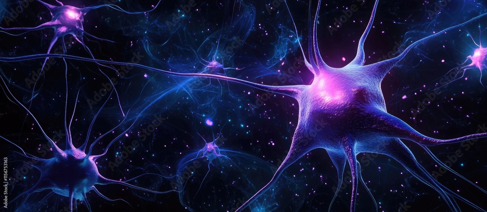 Poster neural network visualization in vibrant colors with holographic effects and space for your custom te