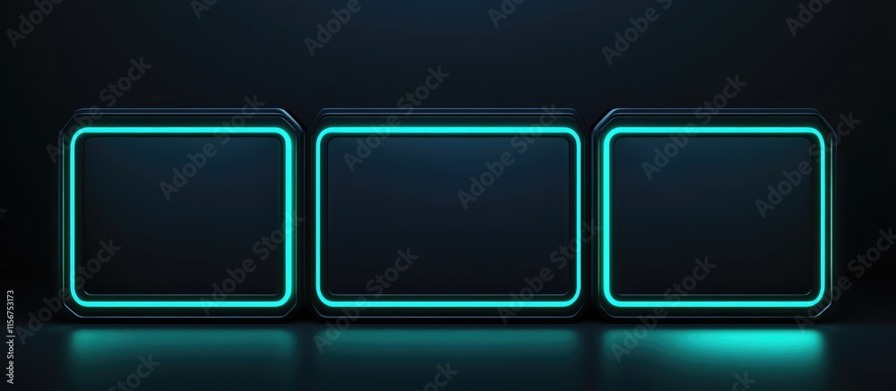 Poster neon illuminated panel designs for dark background featuring empty spaces for customizable text or g