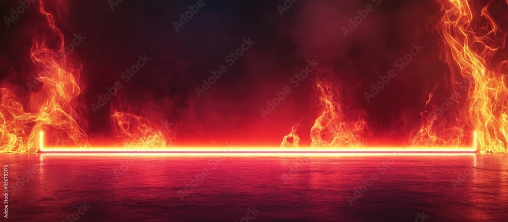 Poster glowing neon sign in dark setting with fiery backdrop and blank space for customizable text or messa