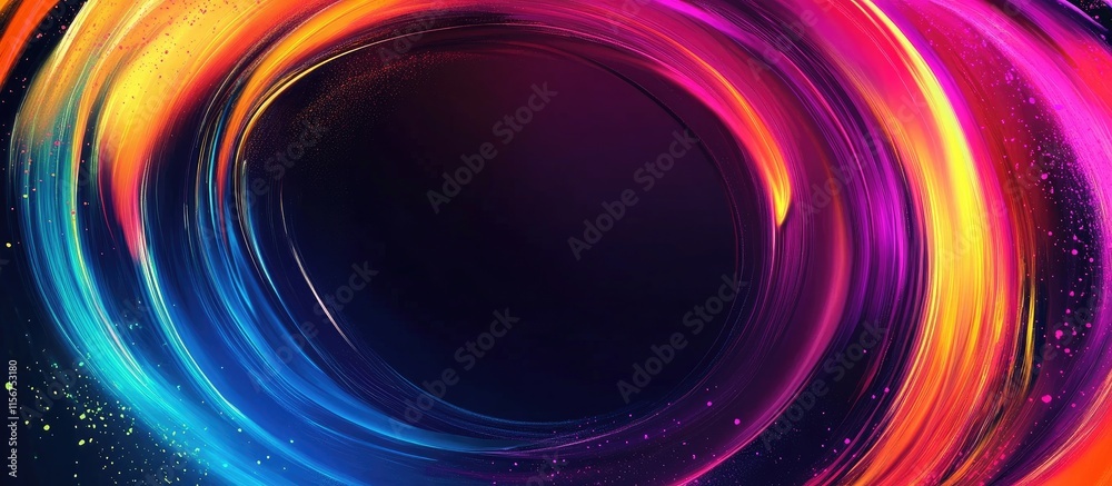 Poster Vibrant neon swirl frame on dark backdrop with space for text creating a dynamic and energetic visual effect