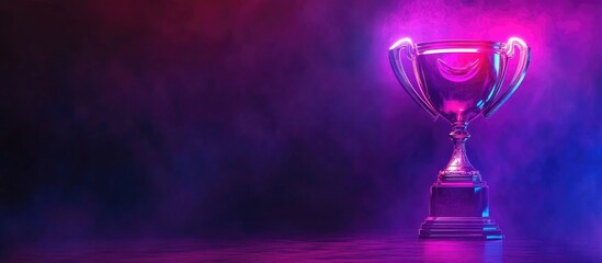 Glowing neon trophy in a mystical setting with colorful smoke and space for custom text or branding image concept for awards and recognition