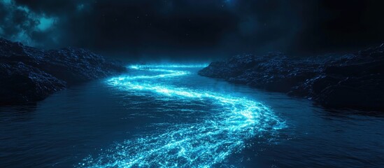 Fototapeta premium Neon illuminated river waves in a darkened atmosphere creating a serene and mystical ambiance suitable for text overlay.