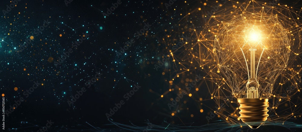 Poster illuminated lightbulb with sparkling wires on dark background featuring space for text and creative 