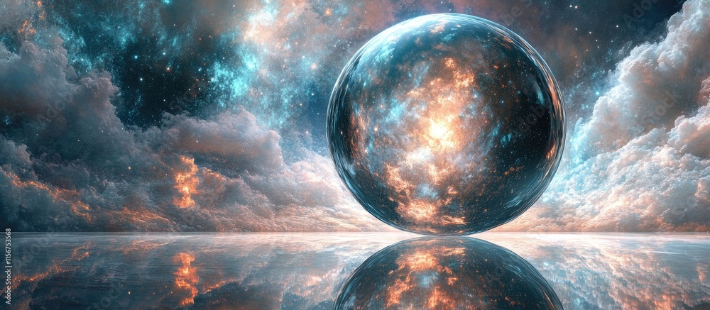 Poster cosmic spherical mirror reflecting a colorful universe with empty space for text overlay