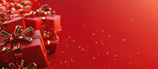 Christmas gift boxes on vibrant red background with festive decorations creating a joyful atmosphere ideal for seasonal greetings or promotions