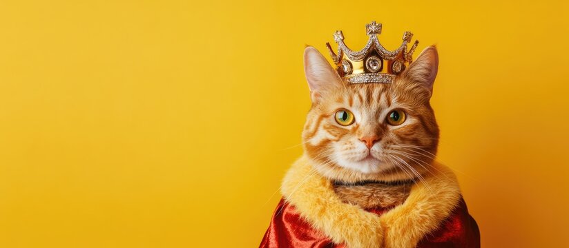 Ginger Cat Wearing Royal Crown and Robe on Bright Yellow Background with Empty Space for Custom Text or Message
