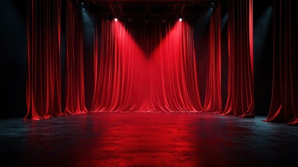 Red velvet curtains illuminated by dramatic stage lights.
