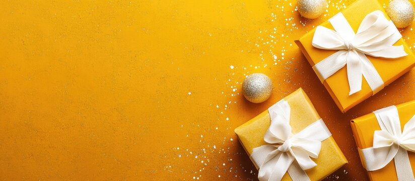Colorful gift boxes with white bows on a bright yellow background featuring sparkly elements and ample space for personalized text.