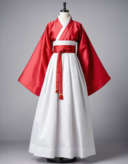 Traditional korean red hanbok showcased on a mannequin, isolated on a gray wall background, Ai generated images