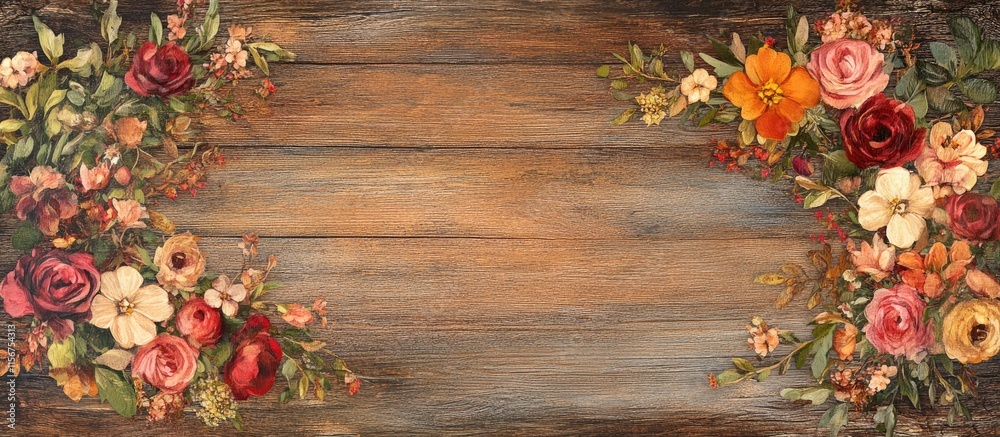 Poster floral border frame on rustic wood background with empty space for text inviting creative design and