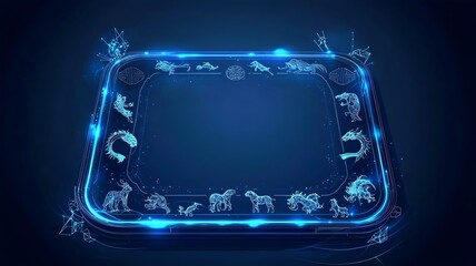 Futuristic and modern Chinese New Year hologram display featuring spinning zodiac symbols a central transparent text box and a sleek digital aesthetic