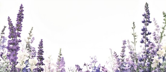 Floral greeting card design featuring purple lilacs and white flowers on light background ideal for party or wedding invitations with blank space.