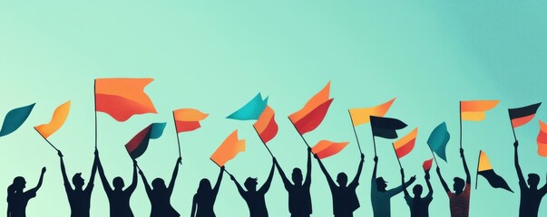 Silhouetted figures waving colorful flags against a vibrant sky.